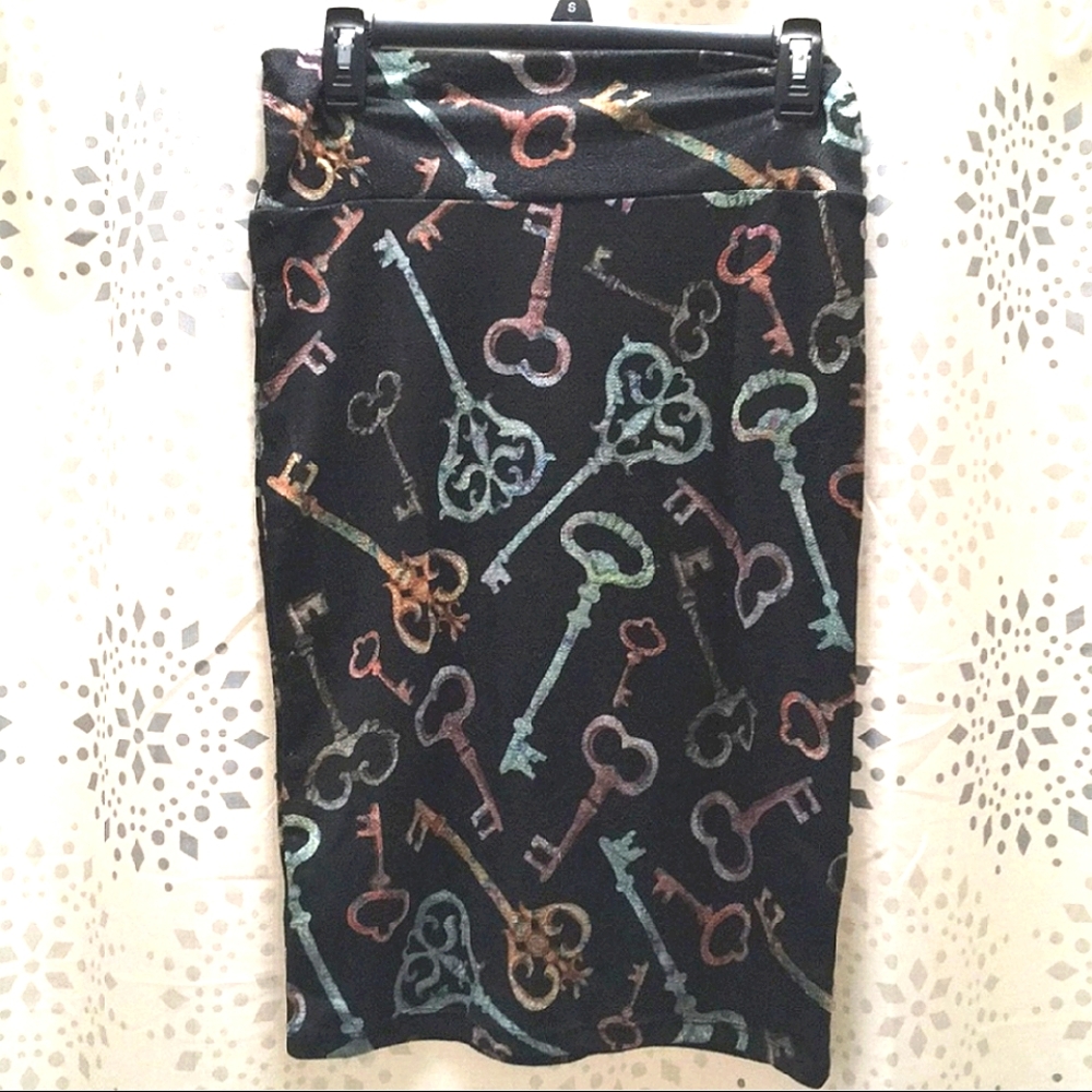 LuLaRoe Cassie Pastel/Black Key Print Skirt Sz. S